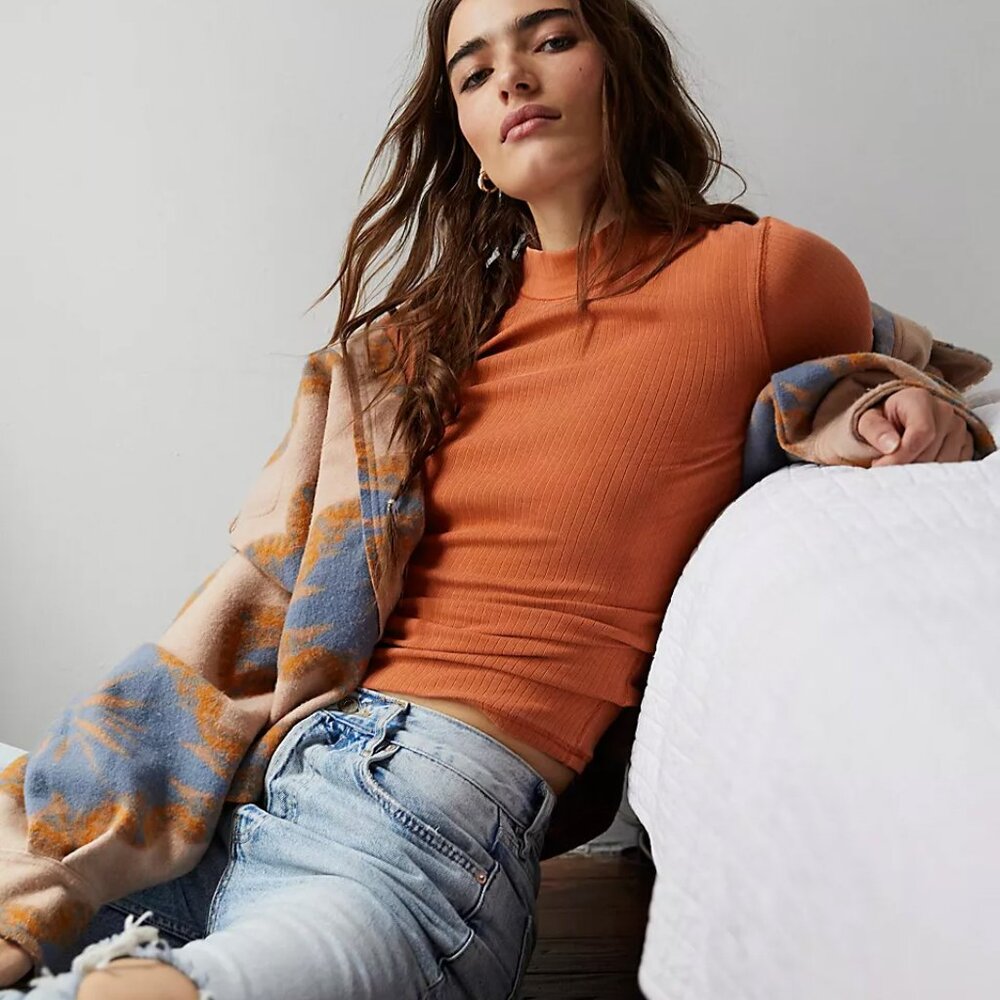 Free People FP Intimately The Rickie Top Size M Ribbed Mock Neck Cotton Stretch